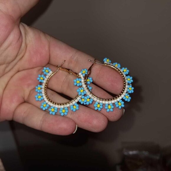 Handmade Beaded Daisy Hoop Earrings • Blue & Yellow Floral Boho Hoops - Picture 3 of 5